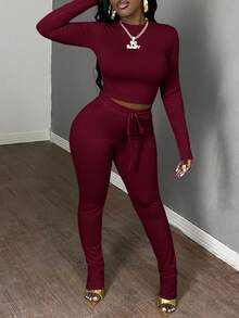 Slaydiva 两件套女士休闲基础款秋冬圆领长袖紧身露脐上衣和抽绳松紧腰修身裤运动套装 - 酒紅色 - 查看 3