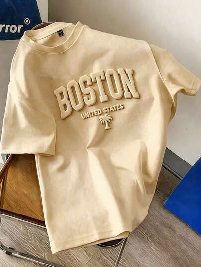 Manfinity Joysei تي شيرت رجالي قصير الأكمام مقاس كبير بتصميم حرفي ثلاثي الأبعاد لون خاكي غامق