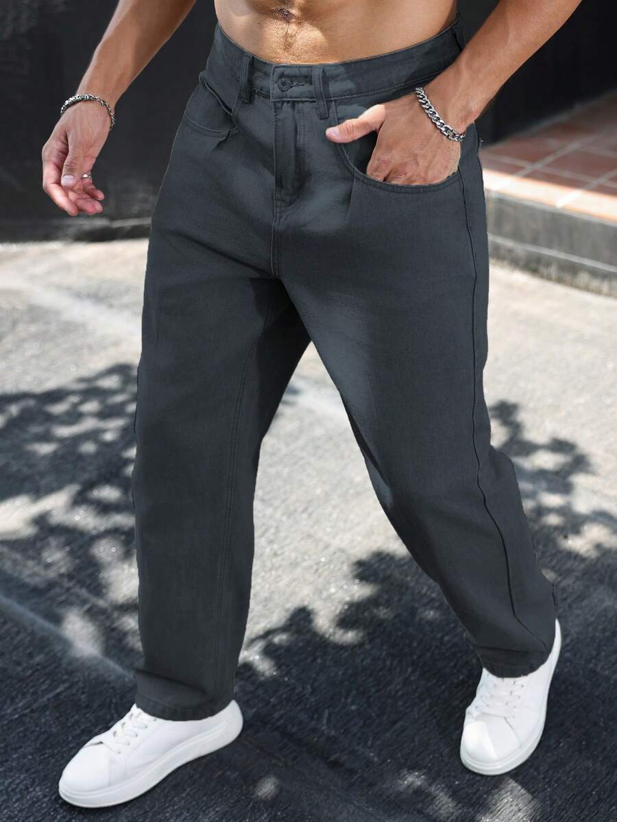 Manfinity Homme 男士休闲百搭通勤水洗牛仔裤 - 灰色 - 查看 1