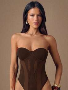 SHEIN BAE Bộ đồ liền thân hở lưng bất đối xứng phối lưới mỏng gợi cảm màu đen, phù hợp cho mùa thu/đông, Giáng sinh, Halloween, Ngày của người chết - Cà phê nâu - Xem 7