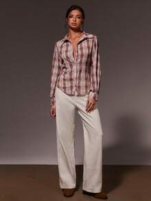 Athîral 女士休闲前扣腰格子衬衫，秋季款 - 粉色 - 查看 5