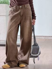 DAZY 少女日常休闲破洞阔腿牛仔裤，带斜插口袋 - 咖啡棕 - 查看 4