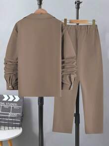 Vacaura 两件套，大童休闲绅士单排扣灰色长袖衬衫搭配松紧腰斜插口袋休闲裤，春秋季 - 卡其色 - 查看 2
