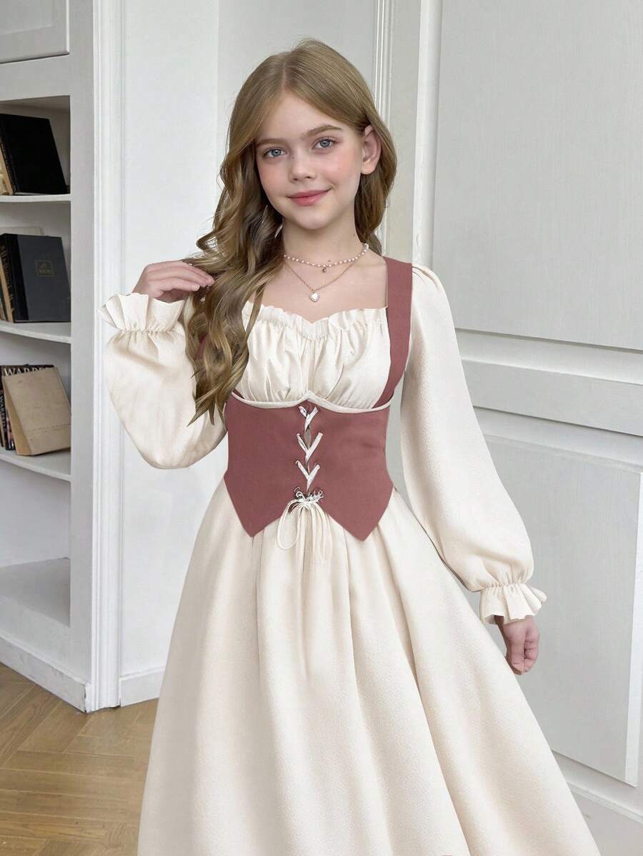 SHEIN Serisse Kids Nova Glow 少女撞色拼接腰部褶皱胸部可调节肩带前褶皱长袖方领中长连衣裙,适合居家和户外活动,秋冬季节,波西米亚风格 - 粉色 - 查看 1