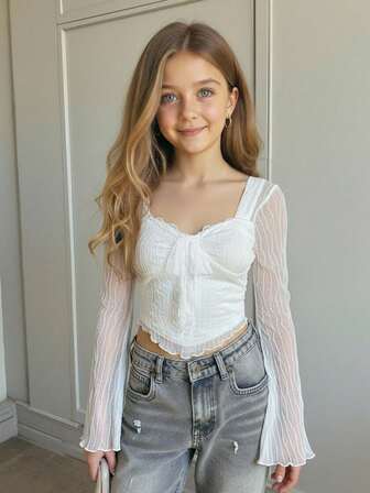 Firerie Kids Firerie Kids Camiseta de manga larga con textura de unicolor elegante para niñas preadolescentes