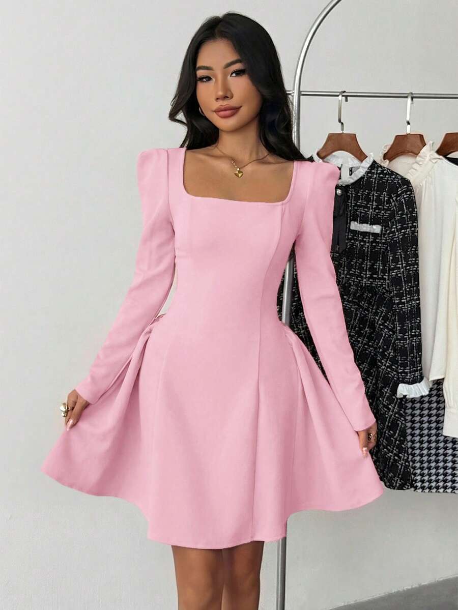 Teen Girls Elegant Formal Blush Pink Dress,Autumn Graduation Square Neck Pleated A-Line Long Sleeve Puff Dress,Casual Fit And Flare Tea Party Gown - Pink - View 1