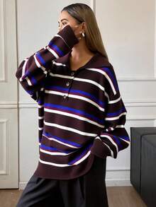 DAZY 女士条纹印花半拉链休闲长袖套头毛衣 - 棕色 - 查看 5