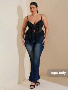 SHEIN BAE Plus Size Women's Black Mesh Ruffled Cami Top,Easter Top,Graduation,Club Sexy,Spring,Summer,Holiday Night,Birthday,Wedding,Vacation,Concert