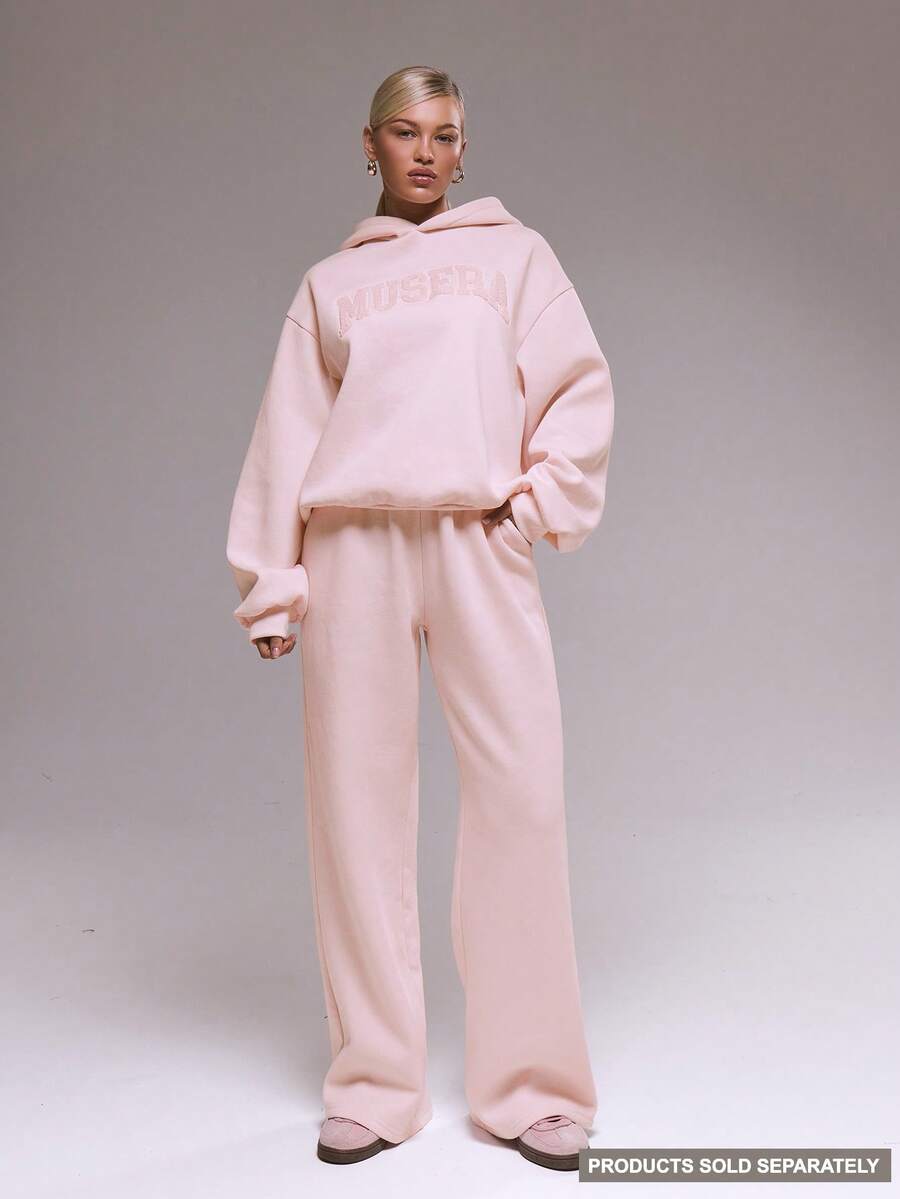 MUSERA Flocking Wide Leg Joggers Tracksuit Bottoms Only  Cute Casual Cosy Spring - Pink - View 1