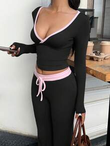 MainGRL 两件套女士休闲撞色滚边长袖上衣和打结裤 - 黑色 - 查看 5