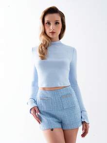 OverBlushhh 女士粗花呢高腰立体剪裁链条细节口袋迷你时尚短裤，日常百搭，冬季必备 - 淺藍色 - 查看 4