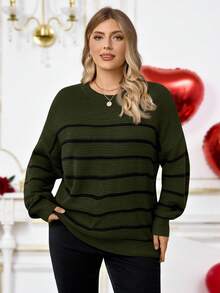 Rosumi Suéter holgado de punto con bloque de color y rayas de imitación de cachemira en tallas grandes para otoño/invierno - Verde militar - Ver 3