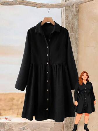 EMERY ROSE Robe chemise noire décontractée grande taille, automne/hiver