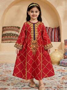 SHEIN Vestido de manga larga con cuello redondo, estampado floral diminuto, informal para vacaciones de Ramadán para niñas jóvenes - Rojo - Ver 3