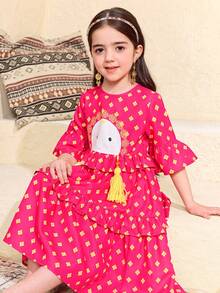 SHEIN Vestido de princesa con cuello redondo, volantes en el bajo y bolso, con estampado de dibujos animados lindo para niña, adecuado para primavera/verano, uso diario, festivales, reuniones familiares y ocasiones especiales - Rosa Fucsia - Ver 5