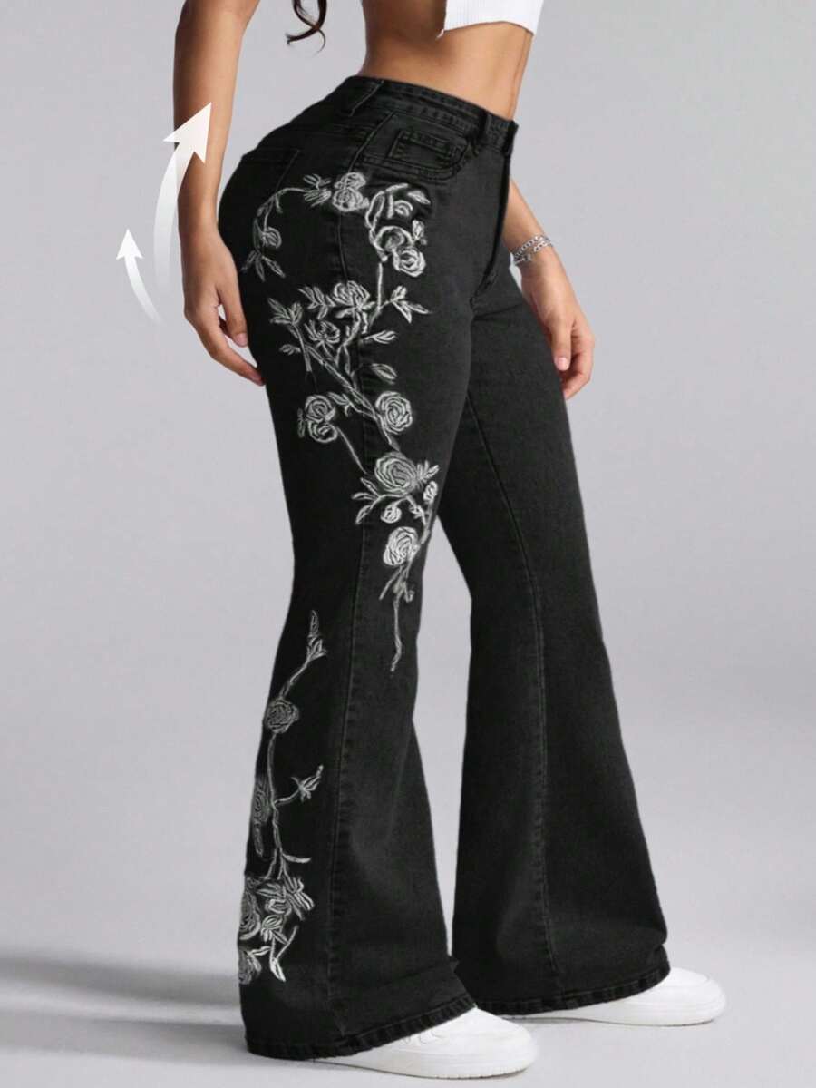 Jeanoix Quần jeans ống loe thêu hoa cỡ lớn, thường ngày, đa năng cho nữ - Màu xanh lam - Xem 1