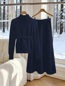 Franclia Elegant Metal Buckle Design Tie-Front Long Sleeve Turtleneck Sweater & A-Line Long Skirt 2-Piece Set, European Style - Royal Blue - View 2
