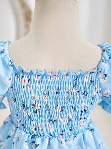 SHEIN 度假风女童方领泡泡袖碎花甜美连衣裙，夏季 - 藍色 - 查看 6