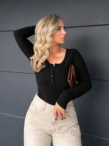 Jeta Ari 女士休闲针织百搭基本款圆领半扣罗纹针织长袖T恤修身T恤返校T恤教师T恤教师服装秋季女上衣秋季女装 - 黑色 - 查看 1