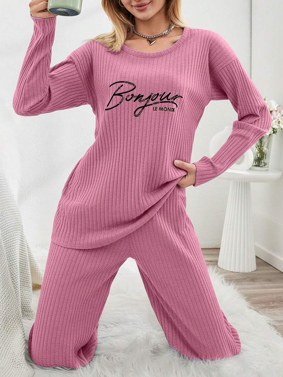 EURMUSE Women's Letter Embroidery Graphic Crew Neck Long Sleeve Top And Wide Leg Pants Casual Loungewear Set - Pink - View 1