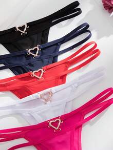 Set de 5 bragas tipo tanga con decoración de corazón de strass en unicolor y cómodo, ropa interior tipo T-back casual para mujeres - Multicolor - Ver 5