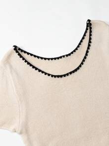 Resyla Women's Floral Trim Short Sleeve Casual U-Neck Knit Top - Apricot - View 6