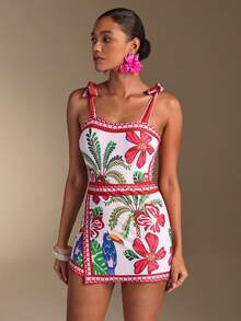 Swim Oasis New Printed Fashion Women Swimsuit Set, Halter Thick Strap One-Piece Swimsuit With Waist Tie Skirt, Suitable For Vacation & Beach - Multicolor - View 4