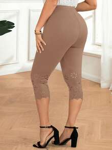 EMERY ROSE 大码女式休闲日常通勤简约纯色激光切割七分裤 - 卡其色 - 查看 2