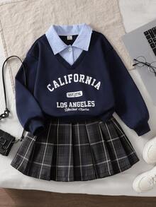 SHEIN Explorewe 少女时尚宽松休闲翻领上衣（二合一）+条纹格纹百搭A字裙，校园风 - 藏蓝色 - 查看 3