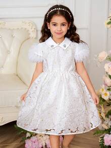1件女童夏季新款韩版白色欧根纱提花连衣裙，彼得潘领，珠饰肩部，泡泡袖，松紧腰身，优雅可爱的公主裙，适合派对穿着 - 白色 - 查看 6