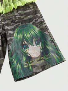 ROMWE Kawaii Anime Cartoon Baby Dolls Mesh Patchwork Low Waist Women's Denim Capri Pants - Multicolor - View 5