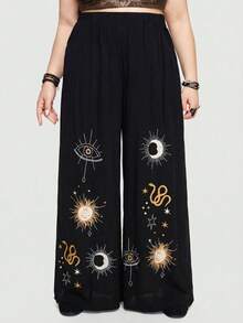 ROMWE Quần ống rộng màu đen in họa tiết ngôi sao, mặt trăng và mắt rắn theo phong cách Gothic, kiểu dáng rộng rãi, thoải mái, cỡ lớn. - màu đen - Xem 3