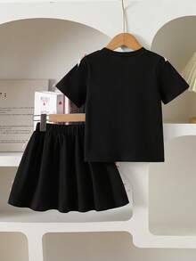 2pcs/Set Young Girl Black Comfortable Round Neck Cute Bow Decor Printed Short Sleeve T-Shirt & Elastic Waist Skirt Set Summer Holiday - Black - View 2