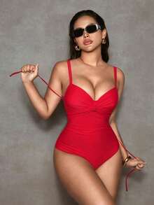 Shapewave 女士夏季沙滩度假纯红色连体泳衣，收腹塑形，模杯设计，不可拆卸衬垫，钢圈支撑，提拉塑形 - 紅色 - 查看 8