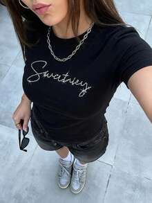 Manfinity VCAY T-shirt pour hommes avec strass, ajusté et stretch, à manches courtes - Noir - Voir 3