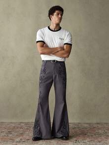 SWAVVY Men's Woven Casual Loose Fit Embroidered Straight Leg Pants Men Grey Flared Sweatpants Mens Embroidered Pants Mens Flared Pants Mens Embroidered Jeans Mens Bell Bottoms Mens Embroidered Bell Bottoms Men Grey Flared Pants Mens Gray Embroidered Pants Men Embroidered Flared Pants Mens Flared Trousers - smoke gray - View 1