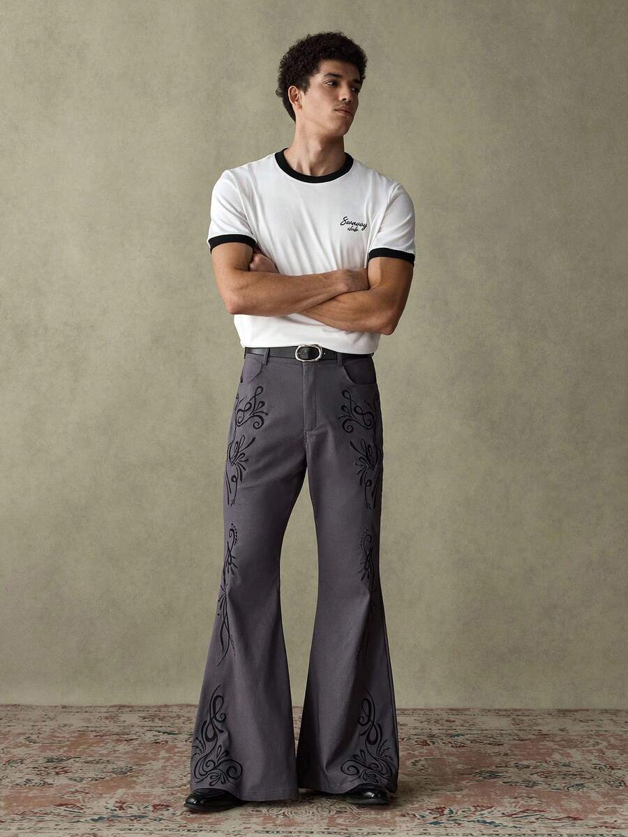 SWAVVY Men's Woven Casual Loose Fit Embroidered Straight Leg Pants Men Grey Flared Sweatpants Mens Embroidered Pants Mens Flared Pants Mens Embroidered Jeans Mens Bell Bottoms Mens Embroidered Bell Bottoms Men Grey Flared Pants Mens Gray Embroidered Pants Men Embroidered Flared Pants Mens Flared Trousers - smoke gray - View 1