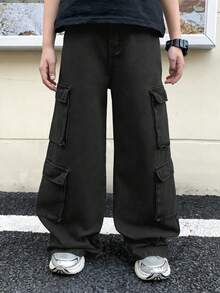 SHEIN 青少年男童时尚休闲 Y2k 黑色牛仔多口袋设计宽松舒适黑色牛仔裤，柔软舒适，适合日常穿着和四季穿着。 - 黑色 - 查看 4