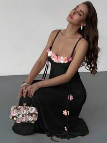 Aloruh 女士优雅3D立体花卉装饰无袖连衣裙 - 黑色 - 查看 4