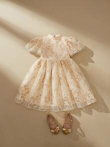 SHEIN 女童杏色涤纶植物图案派对连衣裙，可爱修身A字中长款，泡泡袖半袖立领，女童公主裙，亮片刺绣连衣裙，杏色公主裙，亮片，舞会礼服，舞台，表演，生日派对，婚礼假日礼服，更显俏皮可爱，夏季，优雅派对 - 杏色 - 查看 7