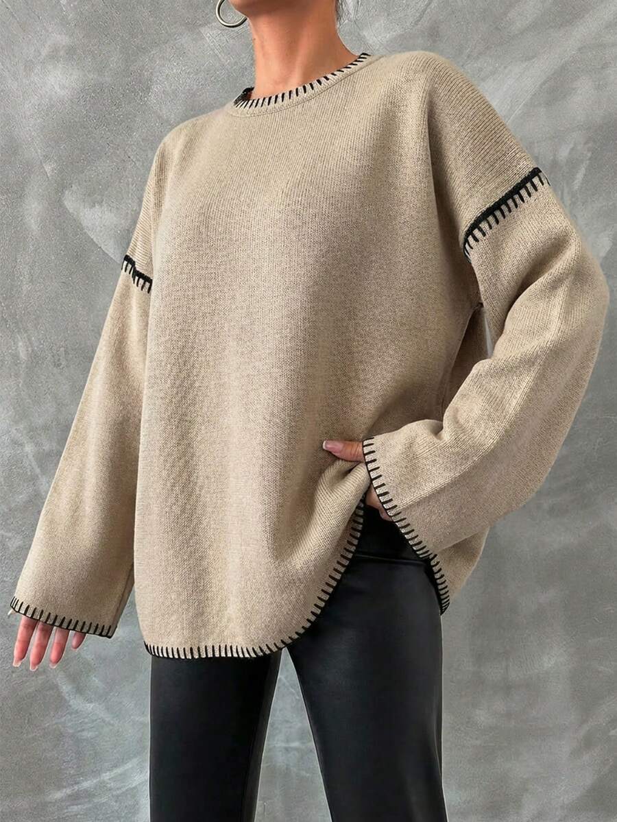 Women's Contrast Trim Round Neck Casual Versatile Long Sleeve Pullover Sweater - Beige - View 1