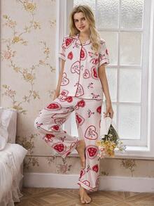 CottageSlumber Heart Print Lapel Women Pajama Set Valentine's - Red - View 7