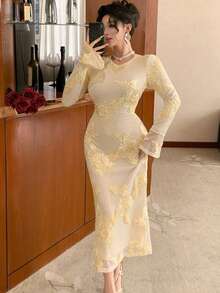 DAZY Elegant Floral Print Round Neck Flare Sleeve Slit Dress For Women, Spring/Summer Maxi Dress - Apricot - View 6