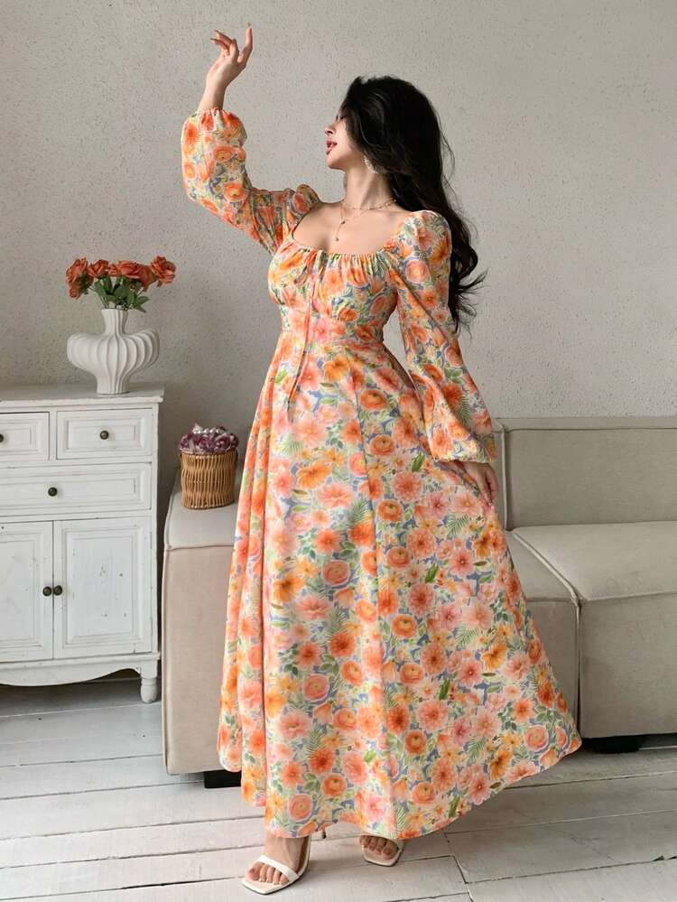 Spring & Summer Ditsy Floral Chiffon Dress, Casual Vacation Beach Style, Fitted Waist Elegant Long Sleeve Midi Dress For Women Easter Sundress Boho