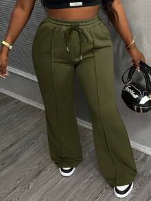 Slaydiva Pantalones de chándal casuales de mujer con cintura con cordón y costura frontal de unicolor - Verde militar - Ver 5