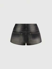 ROMWE Grunge Punk Women's Super Low-Rise Sexy Y2K Millennium Vintage Rhinestone Embellished Skinny Denim Shorts - Dark Grey - View 2