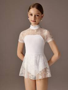 少女运动紧身衣，适合芭蕾舞、返校、校园锻炼、训练、比赛和休闲穿着。时尚弹力网眼长袖设计，舒适有弹性，是理想的舞蹈运动服。 - 白色 - 查看 7