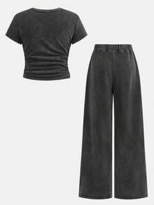 Tween Girl Fitted Short Sleeve Crew Neck T-Shirt And Loose Wide Leg Knit Pants Set - Dark Grey - View 2