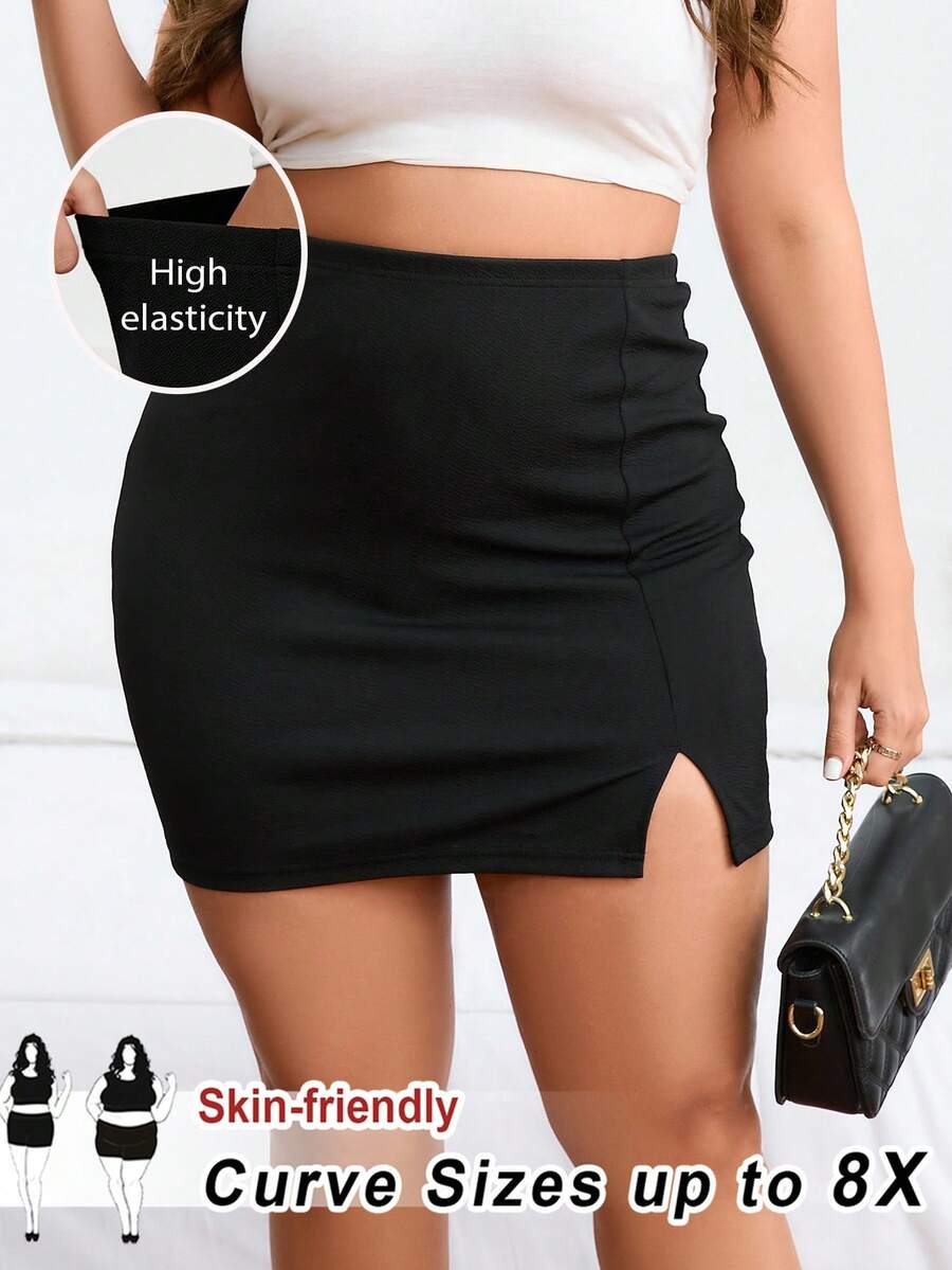 SHEIN CURVE+ Váy ôm sát cơ thể mini cạp chun màu trơn cỡ lớn cho nữ/2026/Năm mới - màu đen - Xem 1