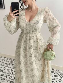 DAZY 春夏休闲修身度假风欧根纱亮片优雅新年圣诞婚礼派对宴会舞会礼服，V领印花网纱拼接长款连衣裙 - 薄荷綠 - 查看 1